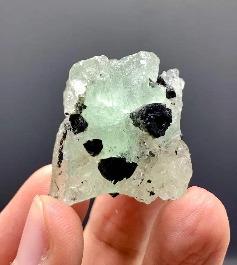 Etched Green Fluorite Crystal withSchorl from Pakistan - 26 Grams
