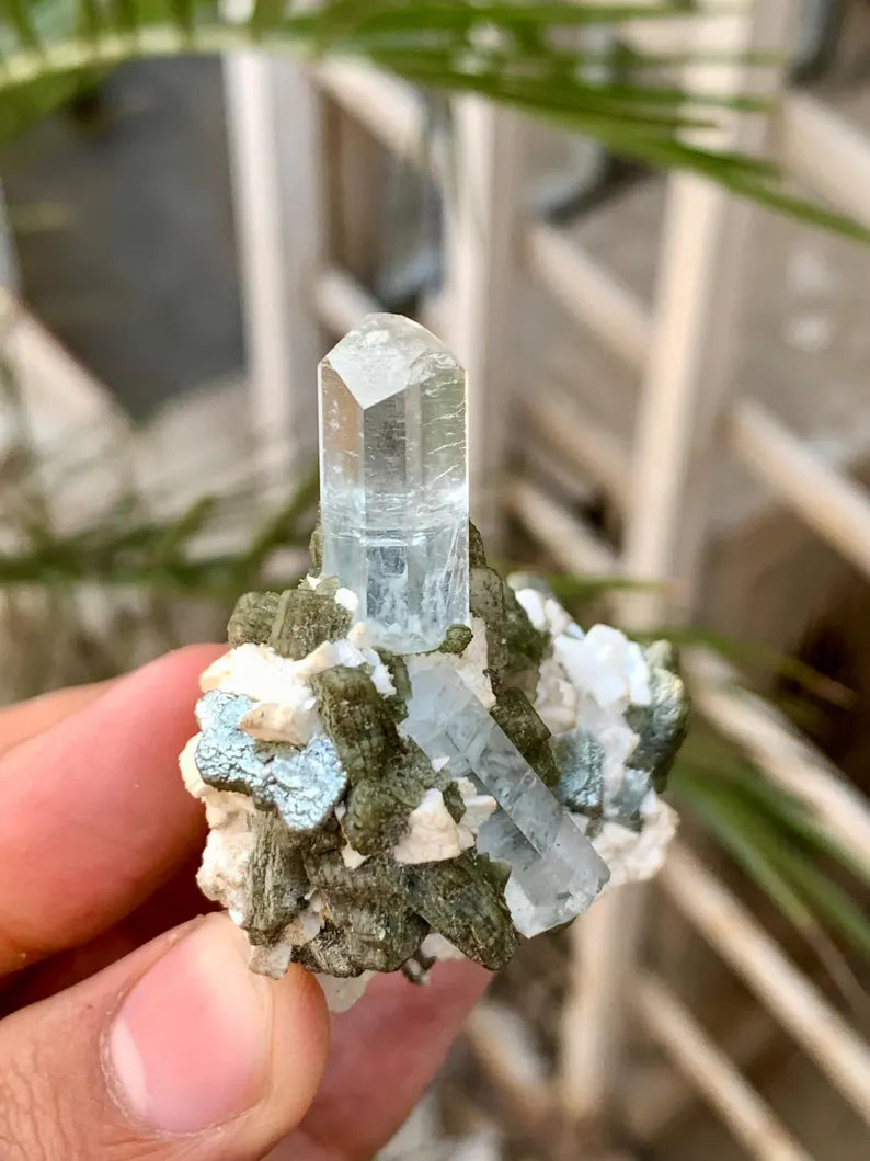 Diamond Cut Blue Aquamarine Crystals with Mica Specimen from Pakistan - 50 Gram
