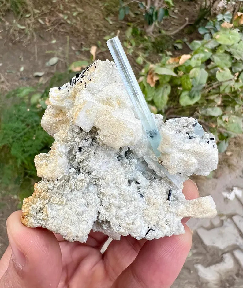 Transparent Blue Aquamarine with Schorl Tourmalines Combined from Pakistan