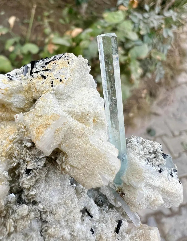 Transparent Blue Aquamarine with Schorl Tourmalines Combined from Pakistan