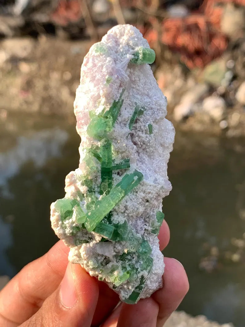 Blusih Green Tourmaline Crystals on Lepidolite from Afghanistan - 70 Gram