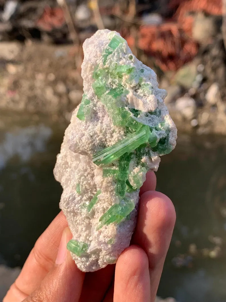Blusih Green Tourmaline Crystals on Lepidolite from Afghanistan - 70 Gram