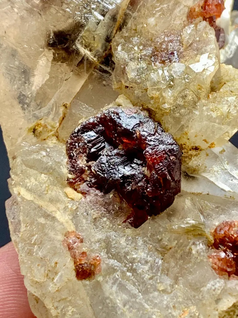 Etched Red Spessartite Garnet Crystals on Quartz from Pakistan - 68 Gram