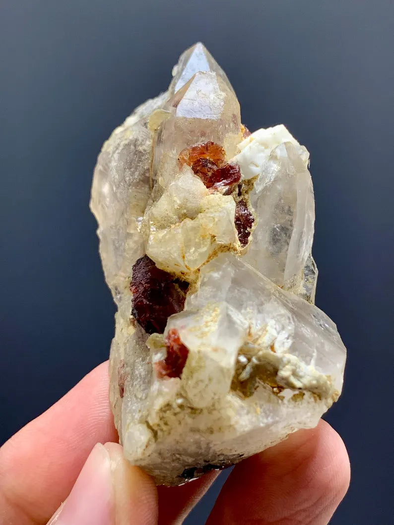 Etched Red Spessartite Garnet Crystals on Quartz from Pakistan - 68 Gram