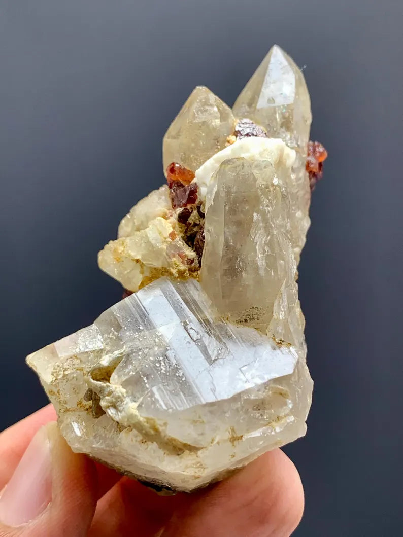 Etched Red Spessartite Garnet Crystals on Quartz from Pakistan - 68 Gram