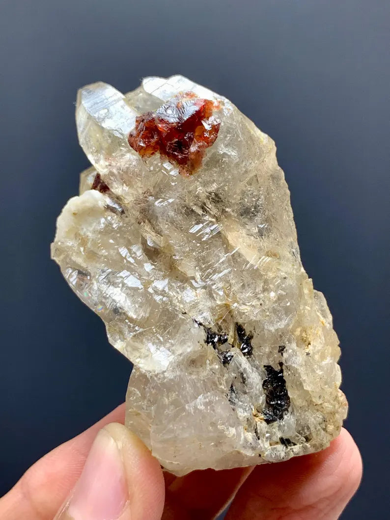 Etched Red Spessartite Garnet Crystals on Quartz from Pakistan - 68 Gram