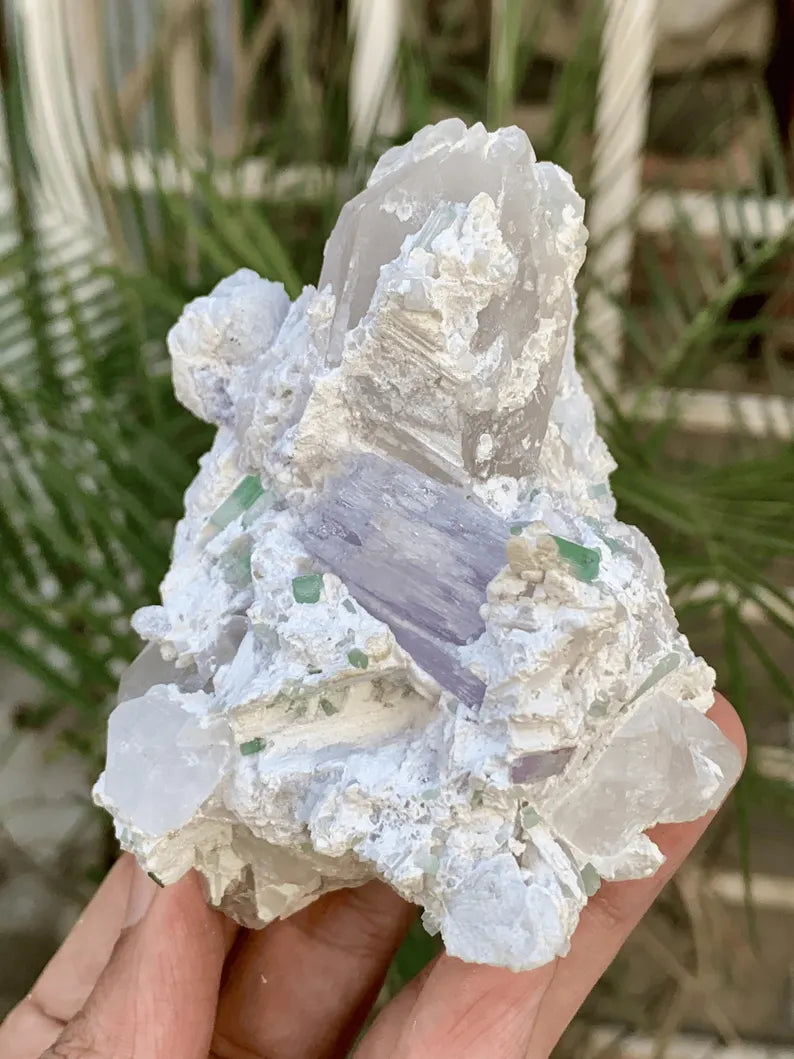 FLuorescent Purple Pink Kunzite with Tourmalines and Quartz Specimen from Afghanistan - 267 Gram