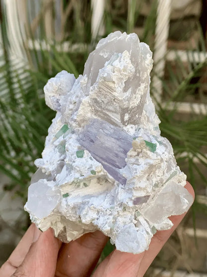 FLuorescent Purple Pink Kunzite with Tourmalines and Quartz Specimen from Afghanistan - 267 Gram