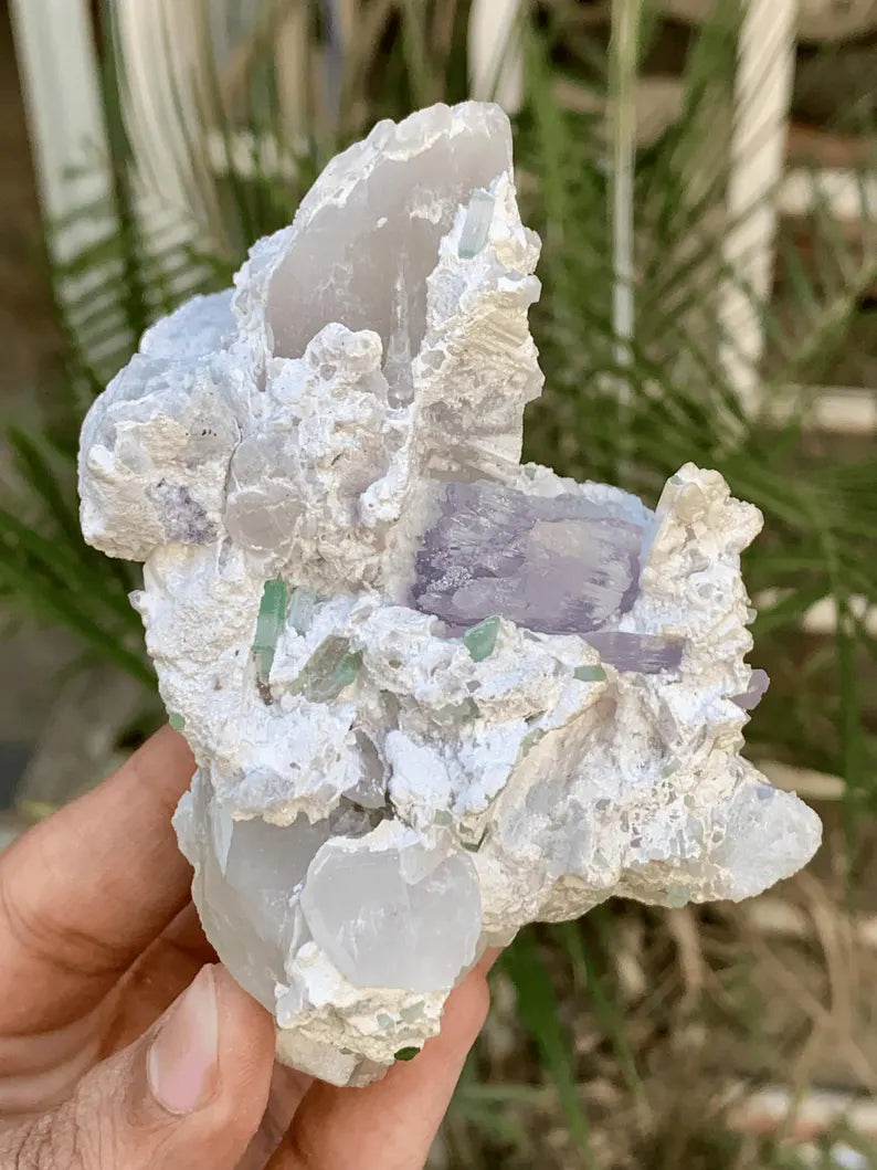 FLuorescent Purple Pink Kunzite with Tourmalines and Quartz Specimen from Afghanistan - 267 Gram