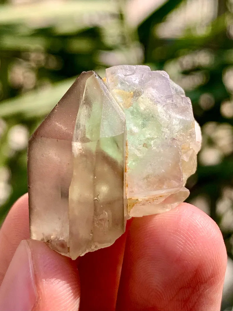 Bicolor Pink and Green Fluorite Crystal with Quartz from Pakistan - 17 Gram