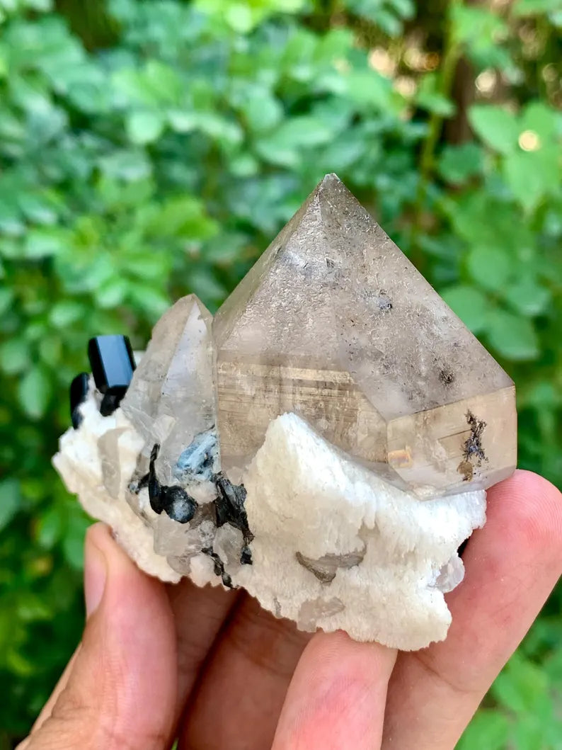 Natural Smoky Quartz with Black Tourmaline Combined Mineral Specimen from Pakistan - 193 Gram