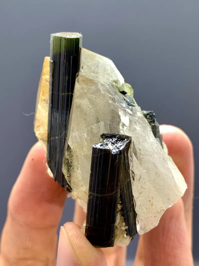 Natural terminated Green Cap Tourmaline Crystals on Quartz from pakistran - 75 Gram