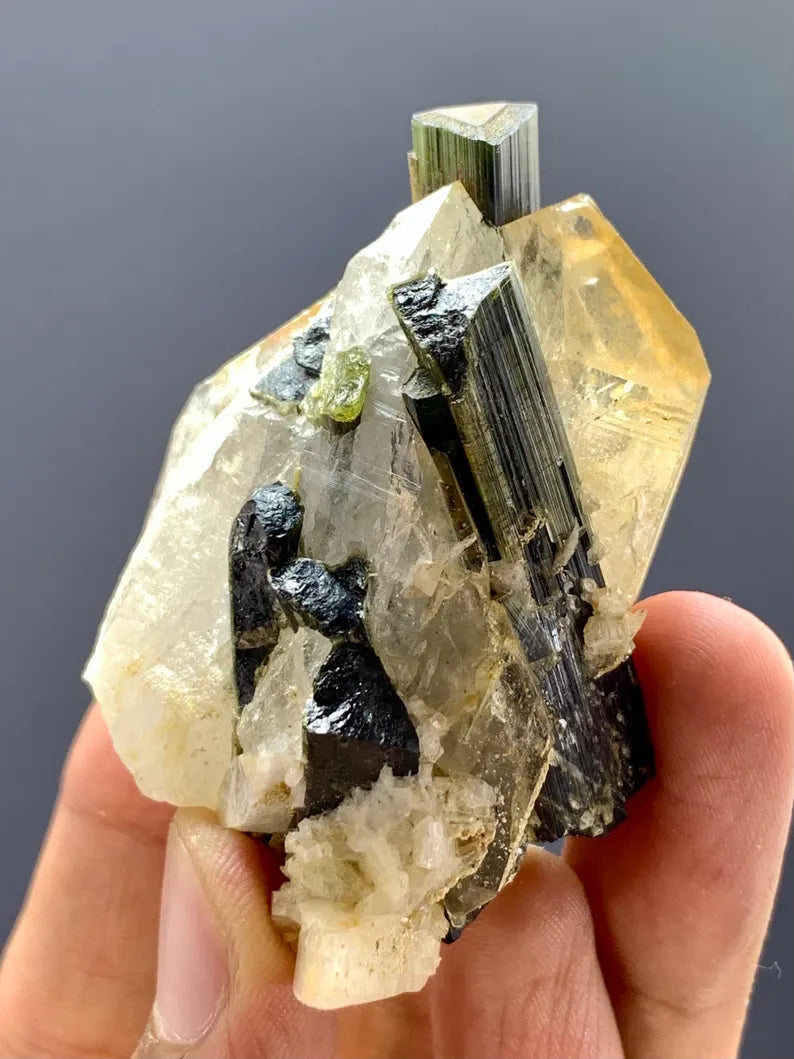 Natural terminated Green Cap Tourmaline Crystals on Quartz from pakistran - 75 Gram
