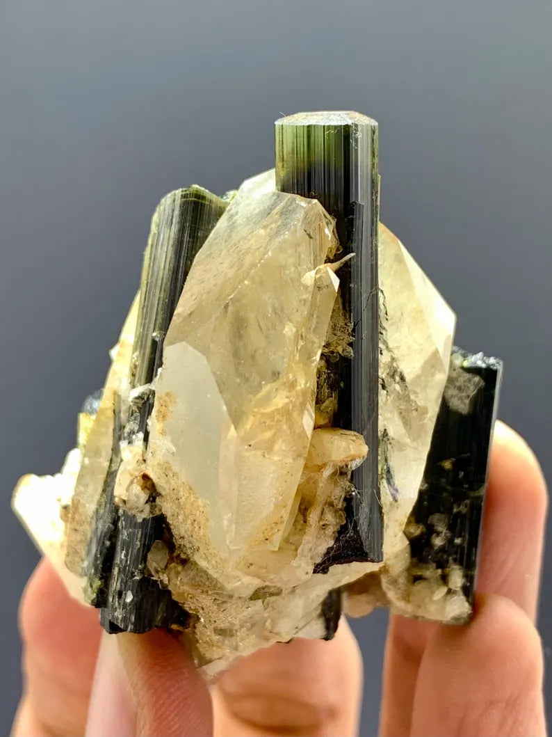 Natural terminated Green Cap Tourmaline Crystals on Quartz from pakistran - 75 Gram