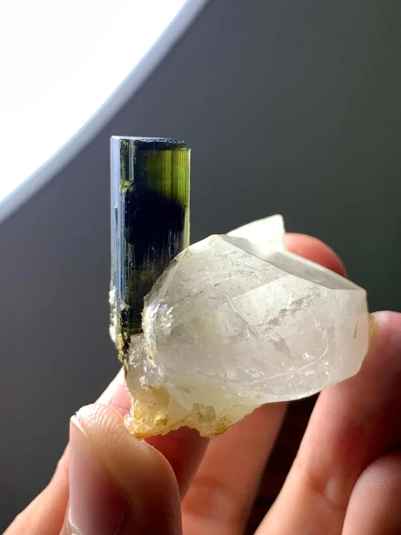 Natural terminated Green Cap Tourmaline Crystal on Quartz from Pakistan - 31 Gram
