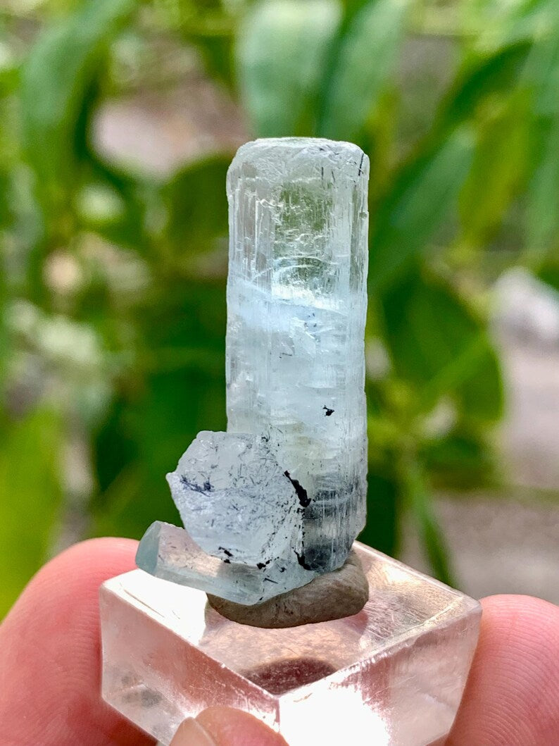 Diamond Cut Blue Aquamarine Crystal with Red Garnet from Pakistan - 27.50 Carats