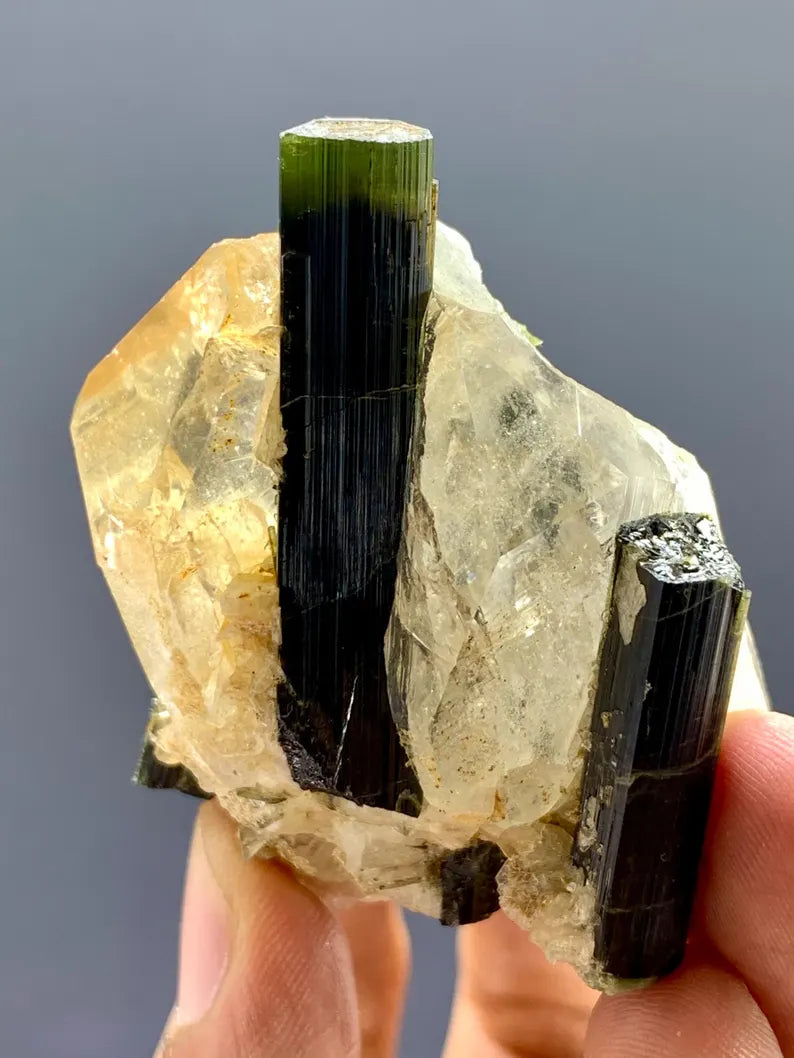Natural terminated Green Cap Tourmaline Crystals on Quartz from pakistran - 75 Gram