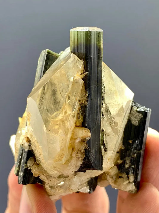 Natural terminated Green Cap Tourmaline Crystals on Quartz from pakistran - 75 Gram