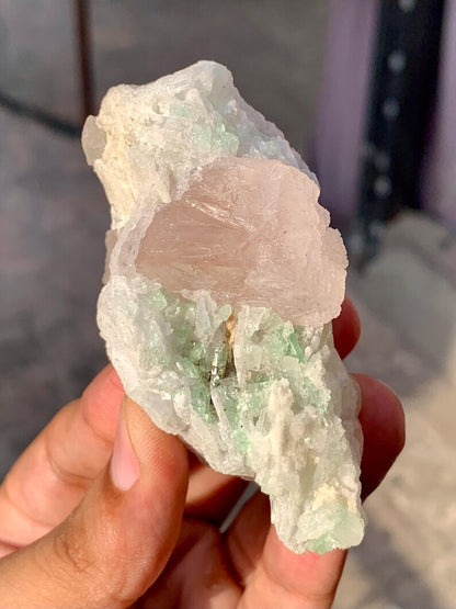 Natural terminated Pink Morganite Crystal with Green Tourmaline and Quartz from Afghanistan - 111 Gram