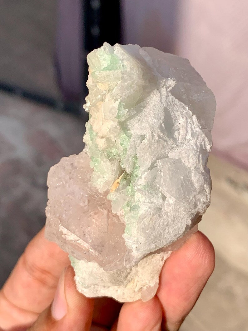 Natural terminated Pink Morganite Crystal with Green Tourmaline and Quartz from Afghanistan - 111 Gram