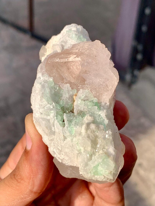 Natural terminated Pink Morganite Crystal with Green Tourmaline and Quartz from Afghanistan - 111 Gram