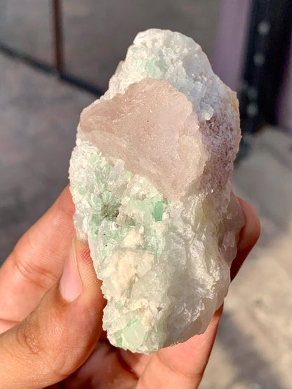 Natural terminated Pink Morganite Crystal with Green Tourmaline and Quartz from Afghanistan - 111 Gram
