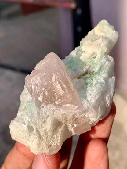 Natural terminated Pink Morganite Crystal with Green Tourmaline and Quartz from Afghanistan - 111 Gram
