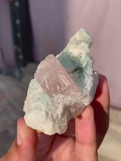 Natural terminated Pink Morganite Crystal with Green Tourmaline and Quartz from Afghanistan - 111 Gram