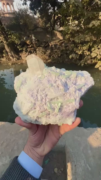 Green Tourmaline Crystals with Quartz on Lepidolite from Afghanistan - 580 Grams