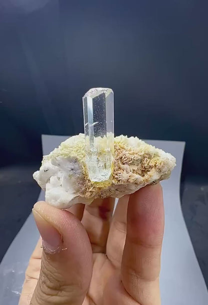 Blue Aquamarine Crystal on Albite from Pakistan - 61 Gram