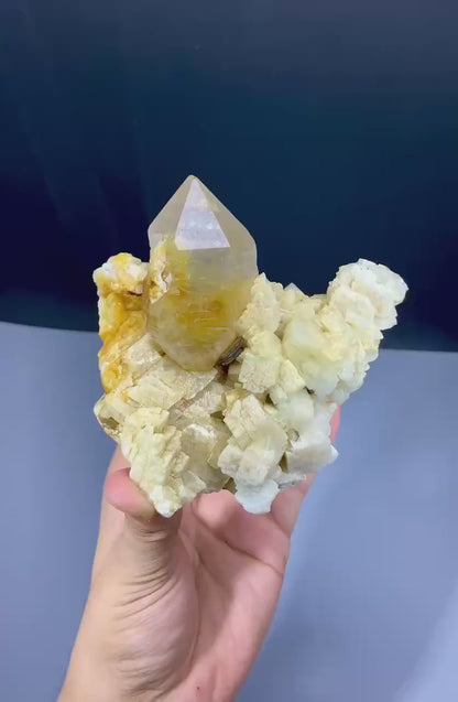 Yellow Lemurian Quartz on Feldspar - 703 Grams